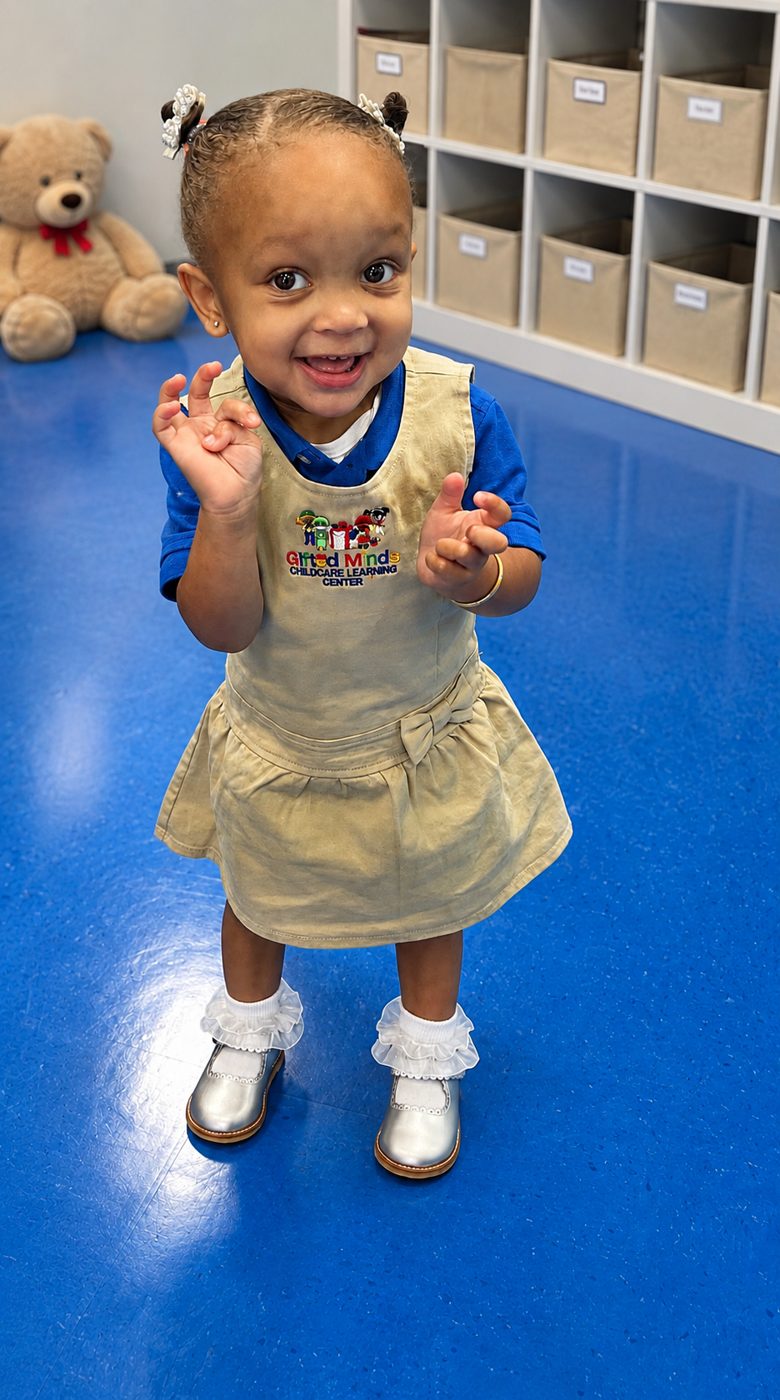 Toddler in a Gifted Minds uniform waving at the camera