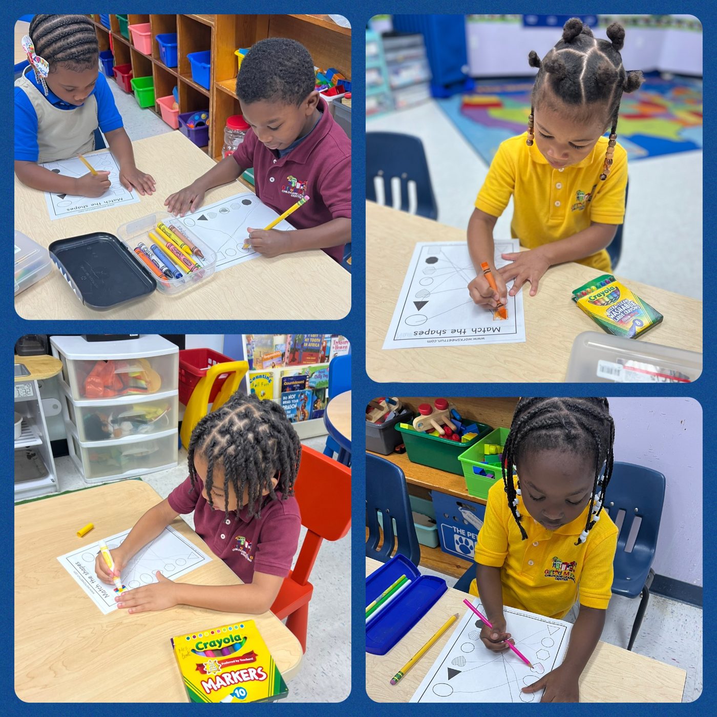 Preschoolers matching shapes on worksheets with crayons and markers