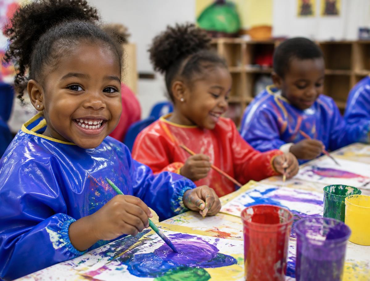 Children painting together at the art table