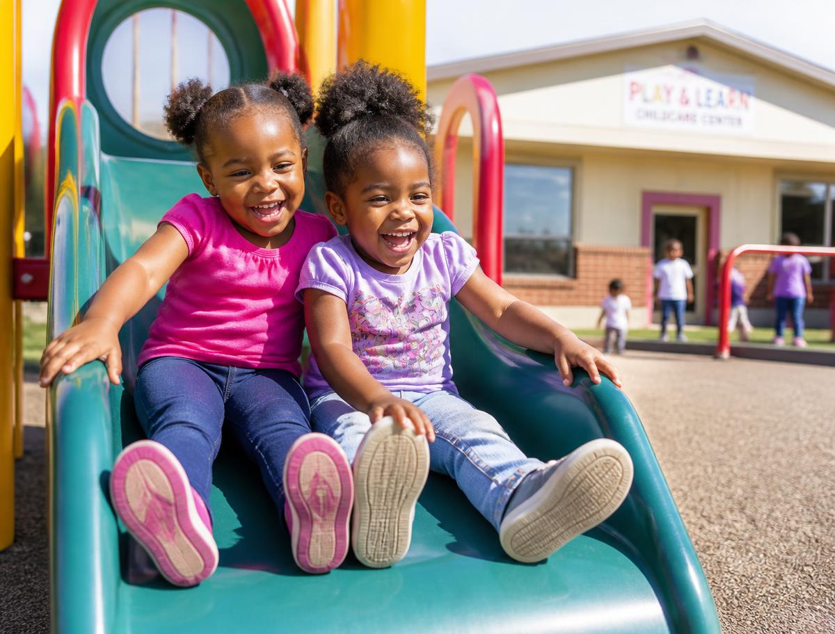 Toddlers laughing on the playground slide