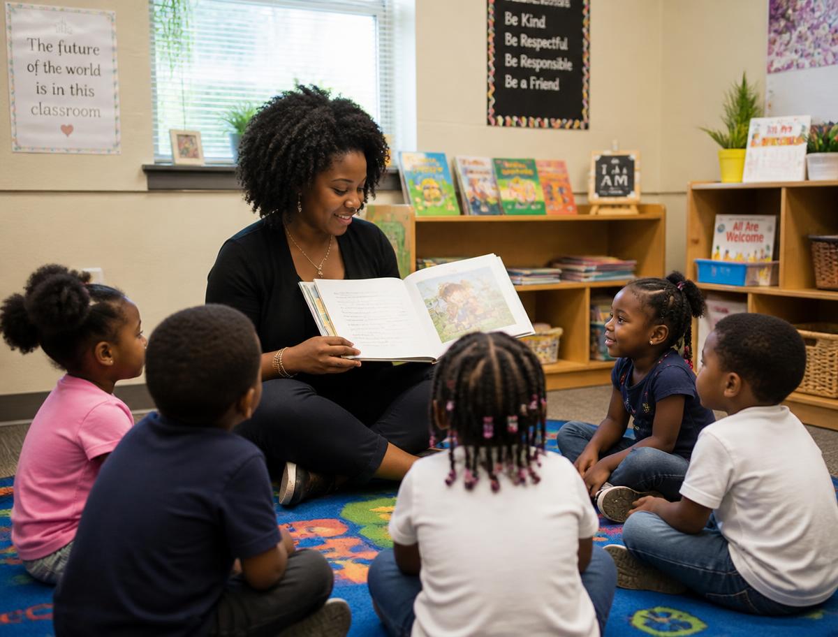 Teacher reading a picture book to a small circle of children